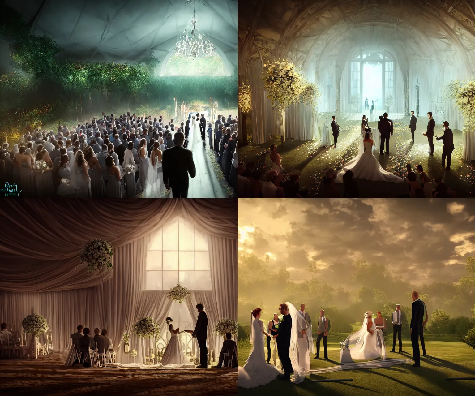 Prompt: wedding ceremony at golf club, hyper realism, cinematic, volumetric lighting, dramatic ambient lighting, epic composition, high detail, octane render, unreal engine, 8 k, vibrant colors, depth of field, professional photo, photorealistic, digital art, deviantart artstation, ray tracing, intricate complexity, apocalyptic, very sharp,