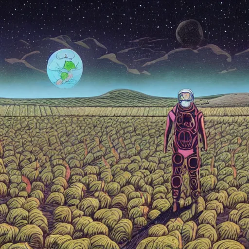 Image similar to a farm on the moon, earth seen in the distance by martine johanna, macabre