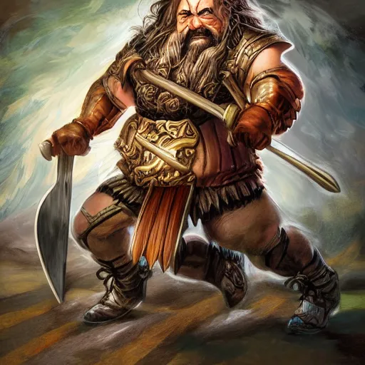 Image similar to a fantasy comic book style portrait painting of a dwarf berserker swinging axes, octane render, hyperreal