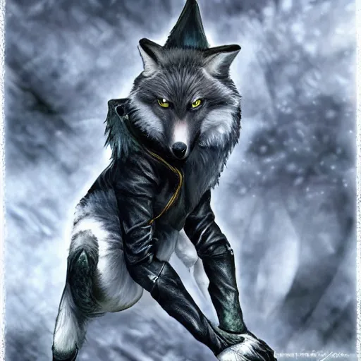 Image similar to A wolf-fox hybrid with a small head wearing a leather jacket and leather jeans and leather gloves, trending on FurAffinity, energetic, dynamic, digital art, highly detailed, FurAffinity, high quality, digital fantasy art, FurAffinity, favorite, character art