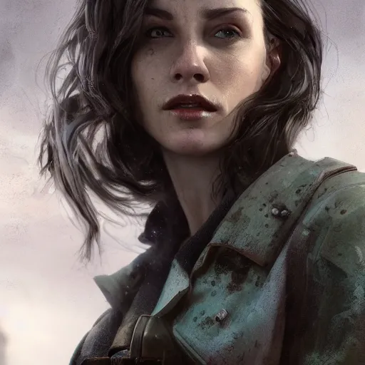 Image similar to fallout 5, charismatic beautiful rugged brunette female protagonist, portrait, indoor setting, rim light, atmospheric lighting, painted, intricate, volumetric lighting, beautiful, daytime, sunny weather, slight overcast, sharp focus, deep colours, ultra detailed, by leesha hannigan, ross tran, thierry doizon, kai carpenter, ignacio fernandez rios