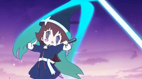 Prompt: Anime Screenshot of a LITTLE WITCH ACADEMIA AKKO HOLDING A KATANA at night, strong blue rimlit, visual-key, Nighttime Moonlit, anime illustration BY STUDIO TRIGGER