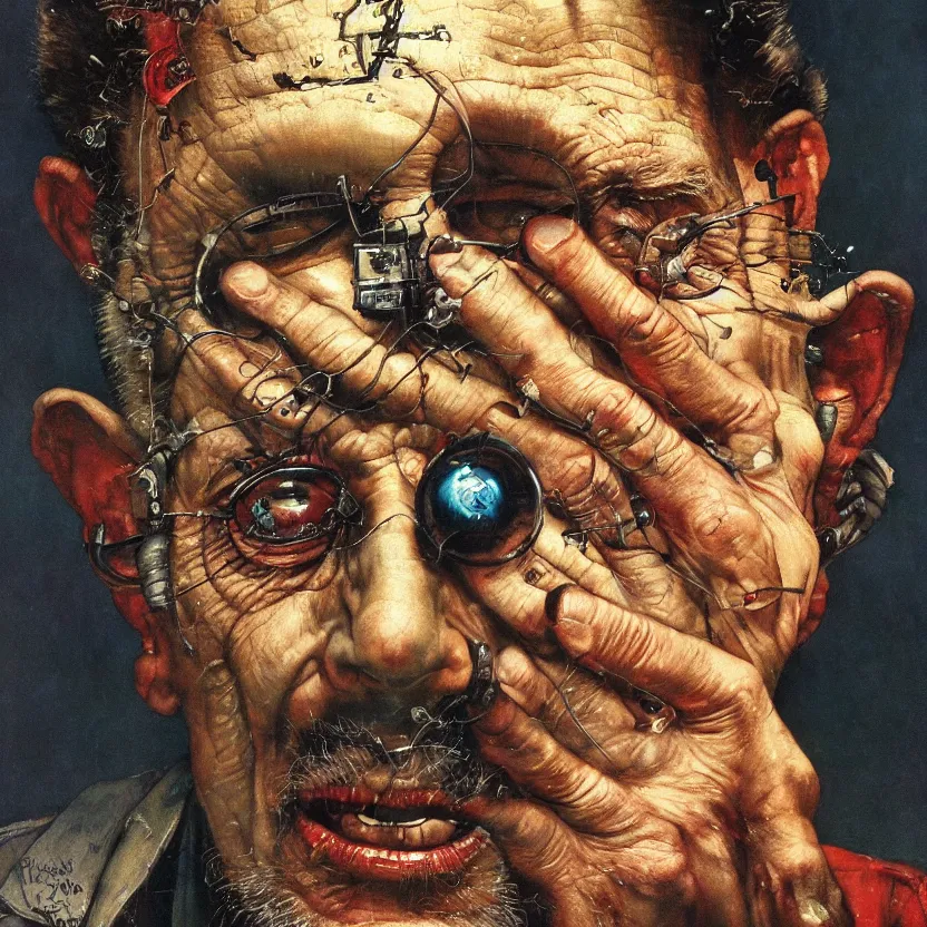 Prompt: close - up view of a mad scientist experimenting on his own brain, highly detailed science fiction painting by norman rockwell, tim jacobus, and basil gogos. detailed texture, rich colors, high contrast, gloomy atmosphere, dark background. trending on artstation