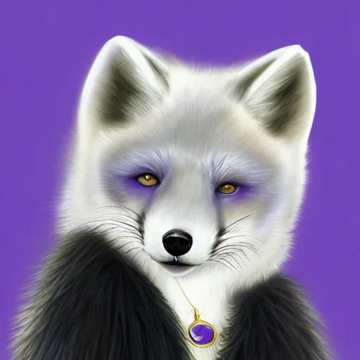 Image similar to digital painting of a female anthro arctic fox furry with blue eyes in a beautiful black dress, wlop, trending on artstation, furry fox ears, anthro paws and arms, gold necklace, femme, wlop, gradient shading, simple shading