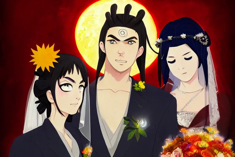 Image similar to a cinematic portrait of wedding photograph jpeg close up moment of a divine a japan sun god and moon goddess lovers magician at a wedding banquet. portraiture. digital painting. artstation. concept art. wedding photo. digital painting. naruto the movie art masterpiece by art by krenz cushart