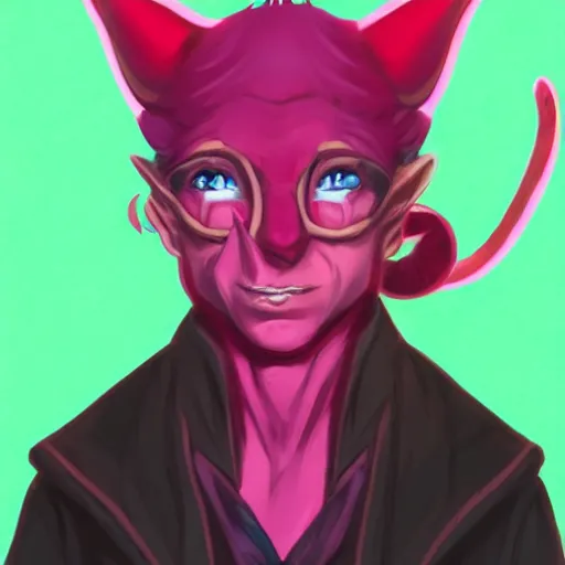 Image similar to a hot pink tiefling with a tinfoil hat, a pet rat, exasperated, young man green eyes, horns, character art, full body art, dungeons and dragons, d & d, trending on artstation, artgerm, 4 k ultra hd, sharp focus, digital art by ilya kuvshinov and ross tran