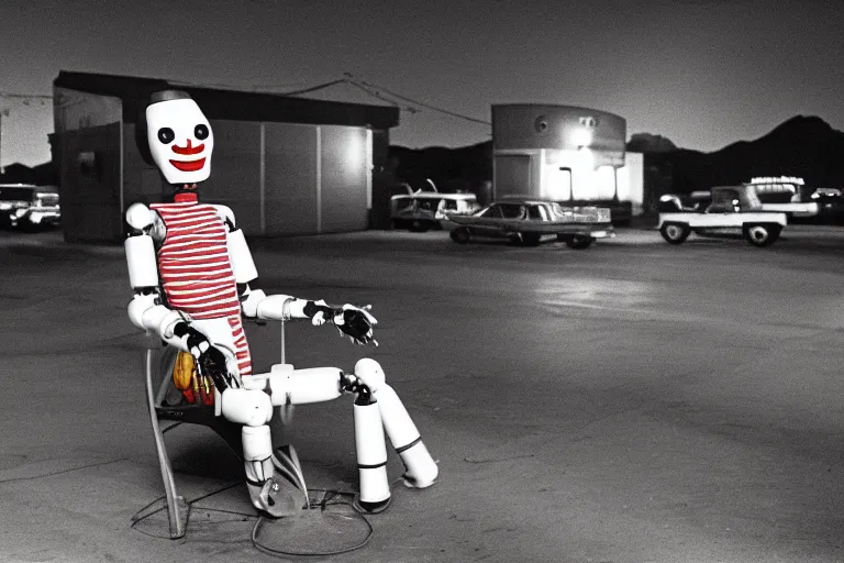 Image similar to robot clown relaxing at a california drive in, in 1 9 7 2, cutecore clowncore, bathed in the the glow of the sunset, low - light photograph, in style of tyler mitchell