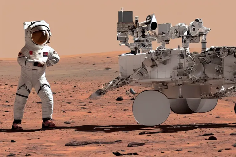 Prompt: female astronaut taking the first steps on mars, landed spaceship in background