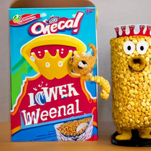 Prompt: cereal box with a wheat mascot wearing a crown