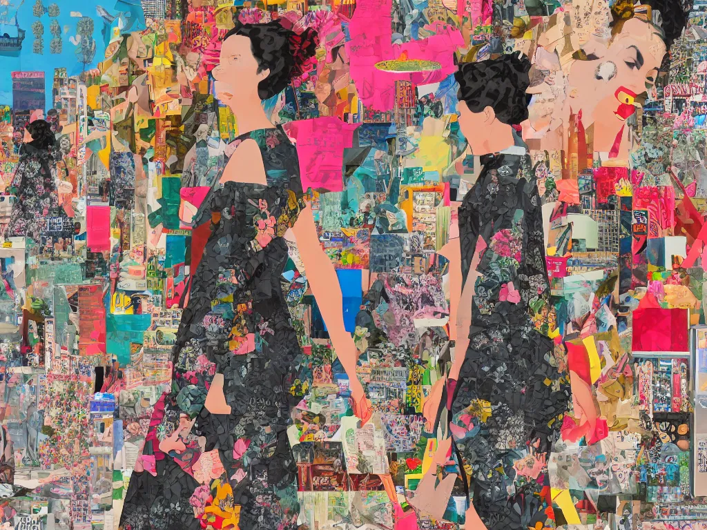 Image similar to maximalist paper collage art of a woman walking through a tokyo shopping district at sunset