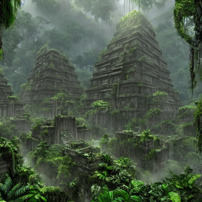 Prompt: a lost ancient mayan futuristic city in the jungle with vines and moss covering the ruins mysterious enigmatic unreal engine 4 k by iain mccaig and jan toorop
