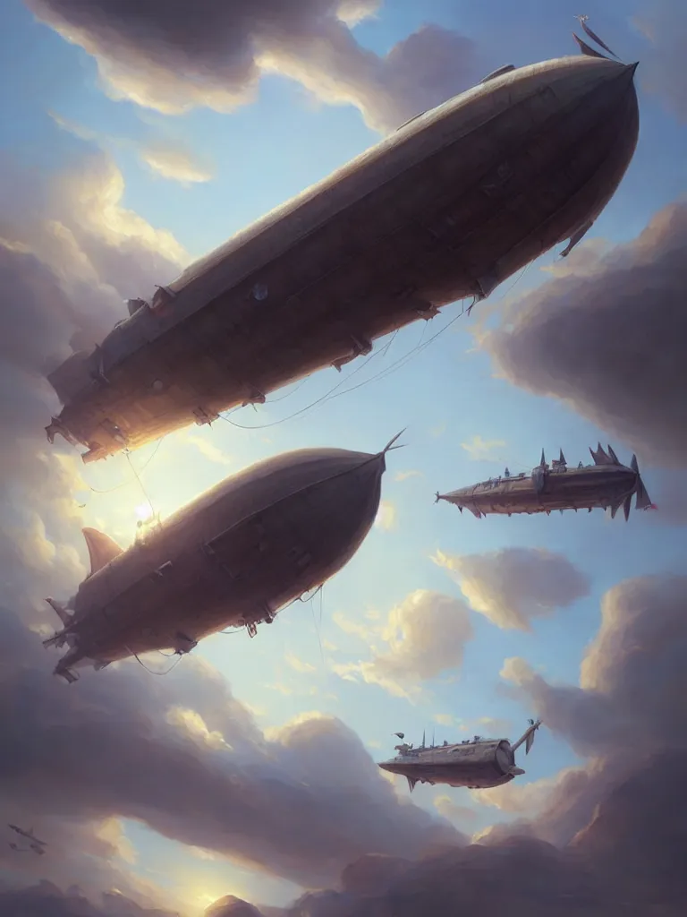 Image similar to a painting of a airship flying in the sky, a detailed matte painting by mandy jurgens, extremely detailed, featured on cgsociety, fantasy art, 2 d game art, matte painting, cryengine