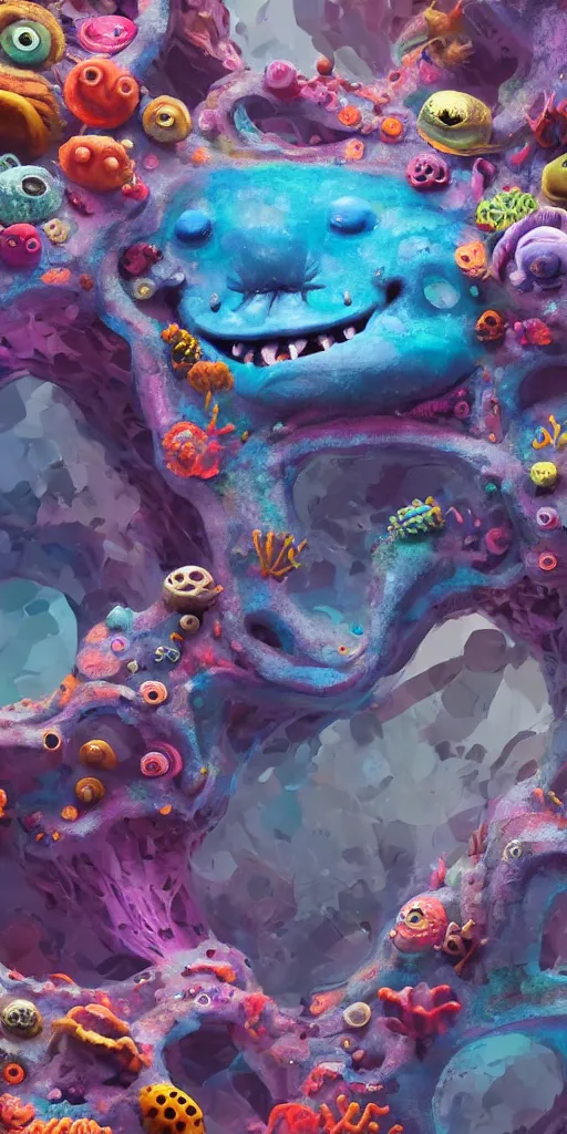 Image similar to of a colorful deep sea cave with strange cute friendly happy creatures with huge eyes, mouth, long tongue and round teeth appearing from sandy coral, in the style of gehry and gaudi, macro lens, shallow depth of field, ultra detailed, digital painting, trending artstation, concept art, illustration, cinematic lighting, photorealism, epic, octane render