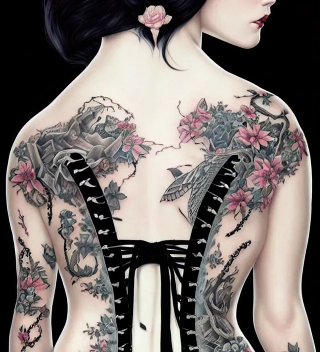 Prompt: two beautiful pale skin white eyed cosplay girls, back view, black hair, fully tattooed body, fishnet corset with choker and whip on hand, symmetrical, beautiful detailed face, masterpiece, artstation contest winner, trending artgerm, paint by tom bagshaw