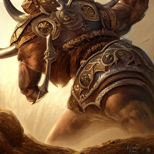 Image similar to digital painting of an minotaur as a viking king by filipe pagliuso and justin gerard, symmetric, fantasy, highly, detailed, realistic, intricate