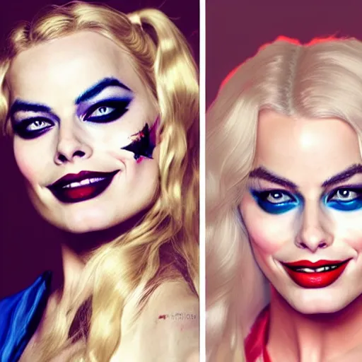 Image similar to beautiful margot robbie with harley quinn makeup, highly detailed, realistic face, amazing digital art