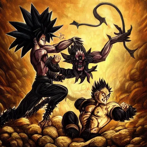 Prompt: Baphomet fistfighting a savage woman with wild spiky black Saiyan hair, dark dungeon, bloody walls, fantasy art, esoteric Satanic art, absurd quality