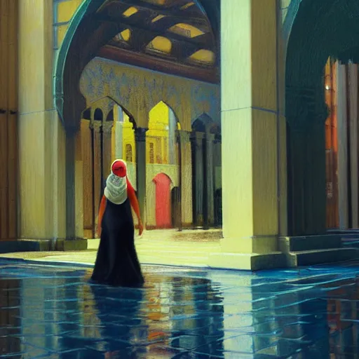 Prompt: action moment, detailed portrait of a woman, courtyard, capital, cyberpunk mosque interior, control panel, watcher, omniscient, tech noir, wet reflections, impressionism, atmospheric, ambient, speed painting, livia prima, edward hopper