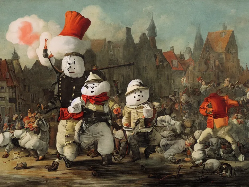 Prompt: the staypuft marshmallow man terrorizes a small dutch village in the 18th century with silly hats and those pants that are amazingly puffy color lithography