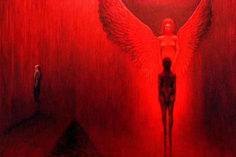 Image similar to only with red, a red angel announce the win, at the gates of a rich renaissance city. inthe background, pathos, in the style of beksinski, part by hopper, part by rodcenko, part by hofbauer, intricate composition, red by caravaggio, insanely quality, highly detailed, masterpiece, red light, artstation