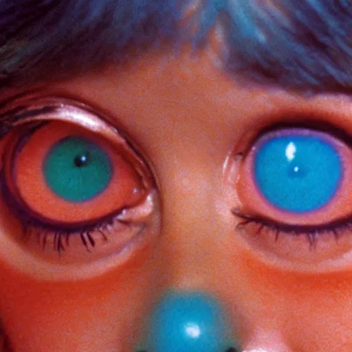 Image similar to still from 1973 live-action children's tv show about a girl who enters an eyeball cult color