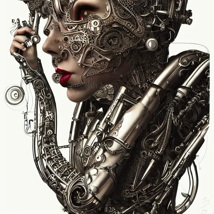 Image similar to ultra realistic illustration of a retro futuristic female cyborg punk art nouveau filgree scrollwork, masterpiece, intricate, highly detailed, sharp