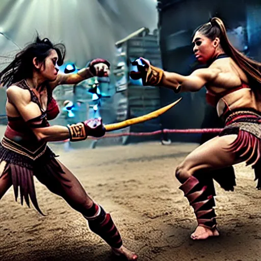 Image similar to athletic female amazon warriors fighting in the arena, cinematic, highly detailed, action movie