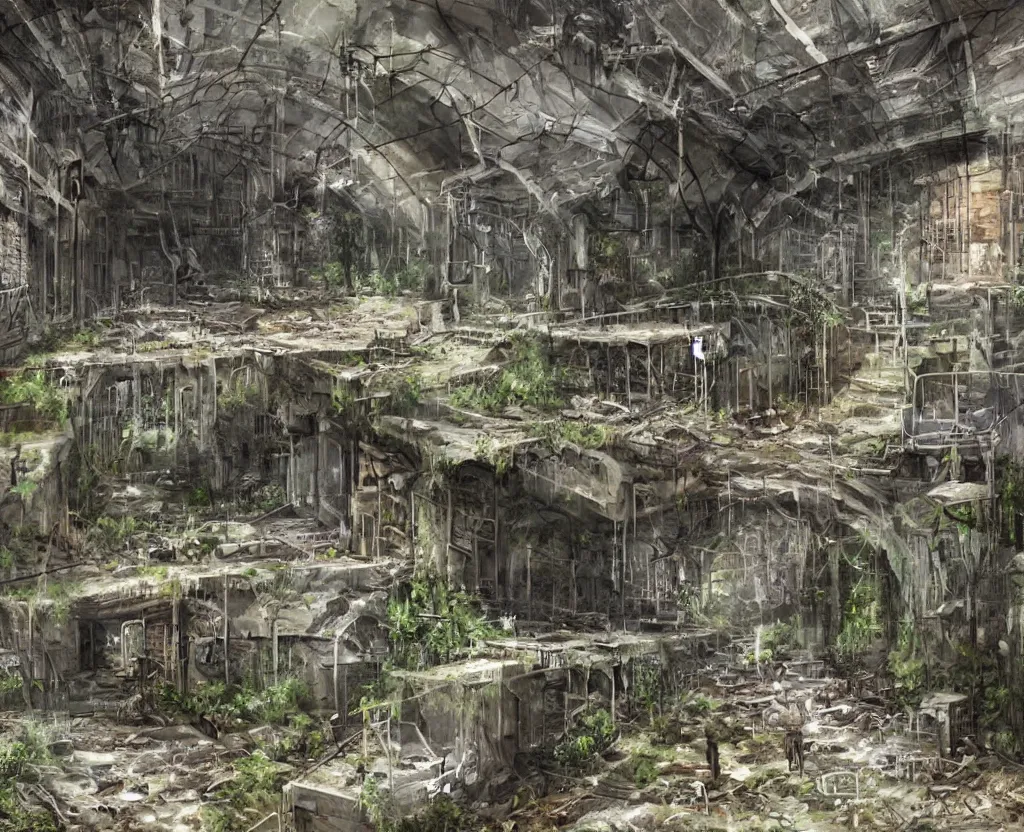 Prompt: a Dystopian post-apocalyptic painting of the abandoned tunnels of an overgrown arcology