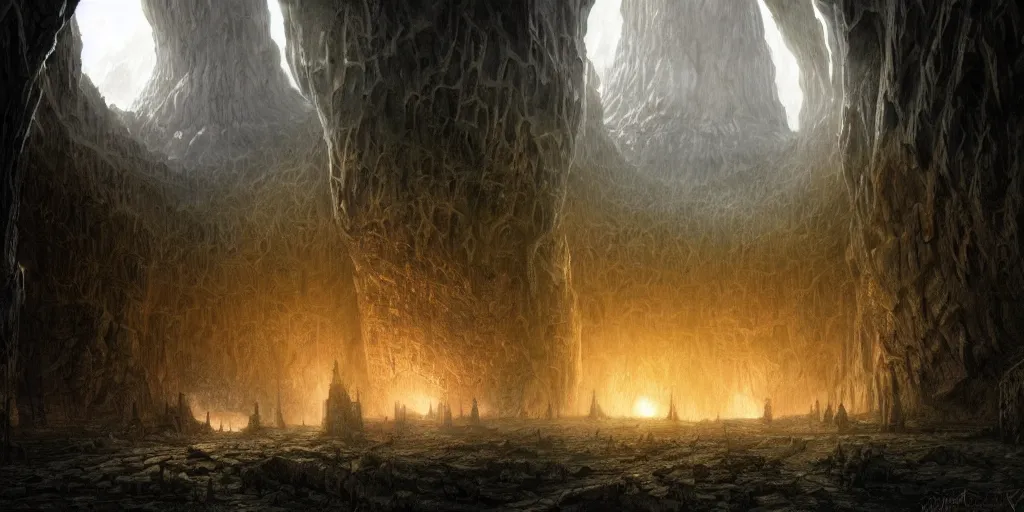Image similar to Inside Isengard Caverns, evening, detailed matte painting, cinematic, Alan Lee, Artstation