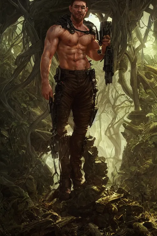 Prompt: portrait of chris redfield as a pathetically weak man, forest, full body, fantasy, intricate, elegant, highly detailed, digital painting, artstation, concept art, sharp focus, illustration, art by artgerm and greg rutkowski and alphonse mucha