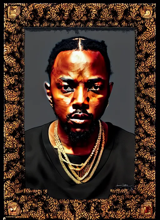 Image similar to : kendrick lamar,, intricate, sharp focus, illustration, highly detailed, digital painting, concept art, jahbu art and paul lewin and kehinde wiley, masterpiece