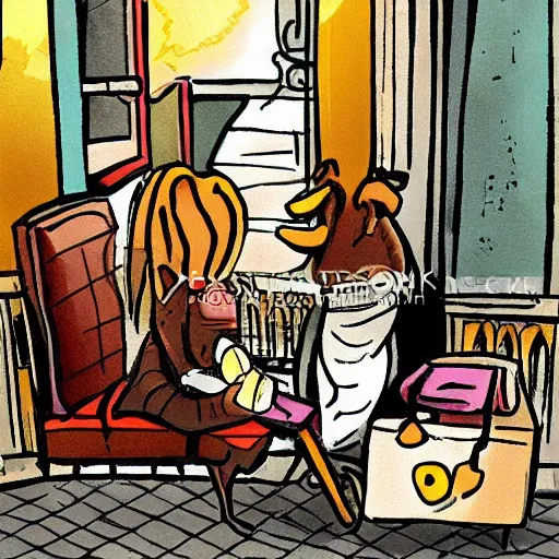 Image similar to dog eating croissants in paris cartoon