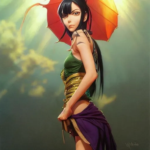 Image similar to highly detailed vfx portrait of nico robin by eiichiro oda!, stephen bliss, greg rutkowski, loish, rhads, beeple, makoto shinkai, tom bagshaw, alphonse mucha, sharp focus, art by artgerm and greg rutkowski, stanley kubrick, backlit, harsh overhead sunlight, blue eyes!!!,