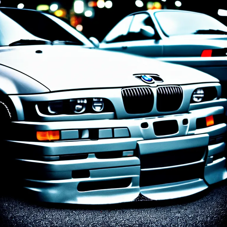 Image similar to close-up-photo BMW E36 turbo illegal night meet, work-wheels, Shibuya shibuya shibuya, roadside, cinematic color, photorealistic, deep dish wheels, highly detailed, custom headlights