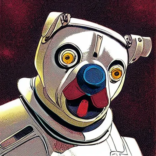 Image similar to Sergio Bleda and Jérémy Petiqueux and Alex Maleev artwork of a retro robot dog shaped like k9 from doctor who