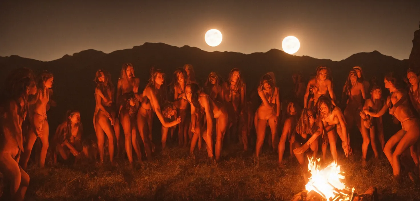 Image similar to a very high resolution historical image. a giant full moon in the mountains while young women writhe in their bonds in the firelight as the satanic ritual continues, 2 4 mm, photorealistic, photography, night directed by wes anderson