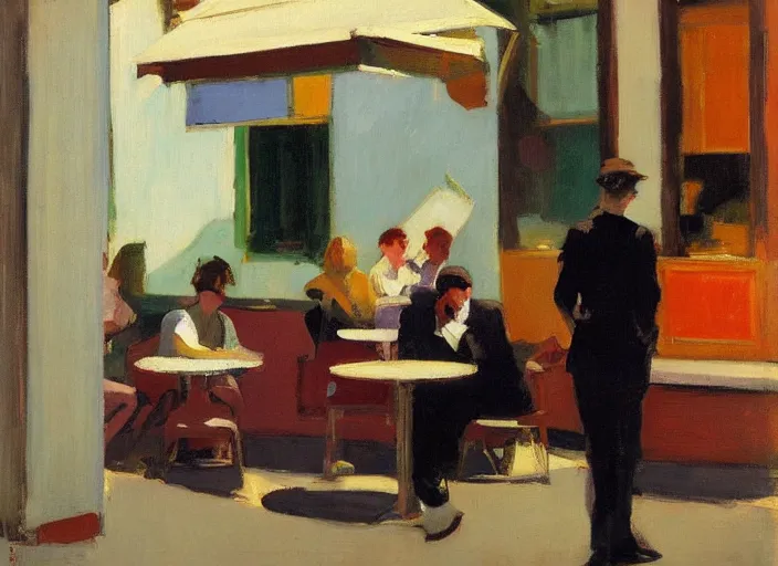 Prompt: artwork by malcolm liepke and edward hopper, an extrior view of a cafe in the afternoon