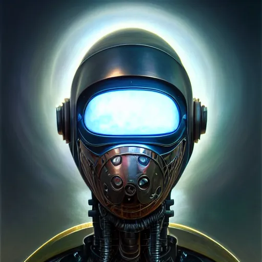 Image similar to low angle portrait shot of a cyberpunk gazmask robot character, intricate, elegant, highly detailed, centered, digital painting, artstation, concept art, smooth, sharp focus, illustration, artgerm, Tomasz Alen Kopera, Peter Mohrbacher, donato giancola, Joseph Christian Leyendecker, WLOP, Boris Vallejo