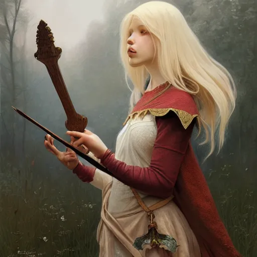 Image similar to elf fairy blond with a beautiful face, holding a lute, wearing a cardigan, highly detailed, intricate, digital painting, artstation, sharp focus, illustration, art by jakub rozalski, greg rutkowski, artgerm, tan zi and ayanamikodon and alphonse mucha and wlop