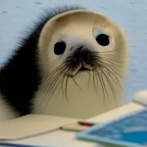 Prompt: a baby harp seal with all black hair and fur, sitting at a desk, looking at blueprints for a nuclear bomb, sitting inside an office at a luxury resort in florida, ap news