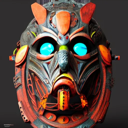 Image similar to a cyberpunk tribal mask, japanese pottery, vivid colors, wood, metal, intricate details, trending on cgsociety, glowing eyes, one per image, sharp focus, ultra realistic details, cinematic atmosphere, global illumination, shadows, octane render, 8 k