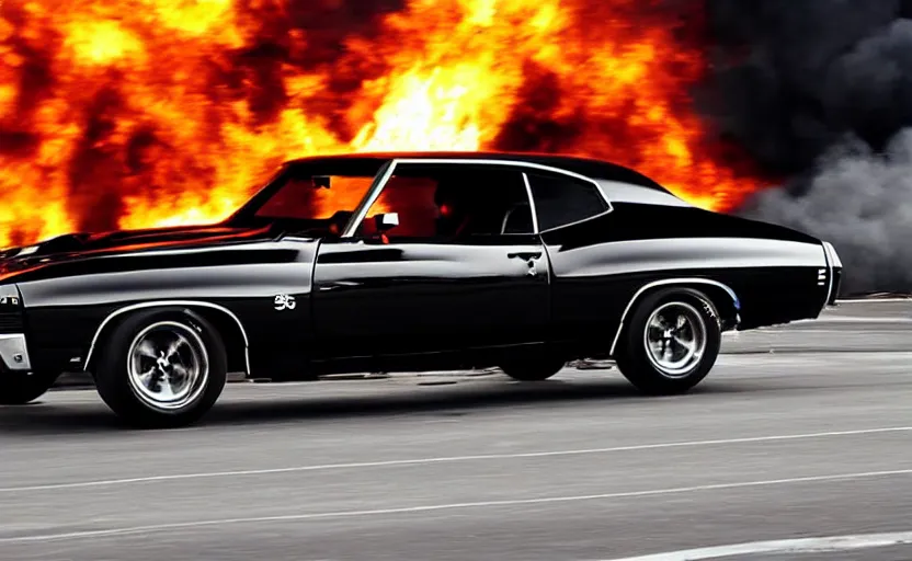 Image similar to a black 1 9 7 0 chevrolet chevelle ss driving i high speed, fire explosion in the background, action scen