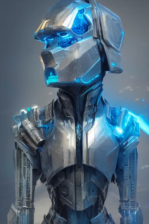 Image similar to Incredibly cyberpunk knight by Ash Thorp and Artgerm, blue LED lights, extremely proportionate face, sharp focus, hyper detailed, octane render, biomechanical, volumetric lighting