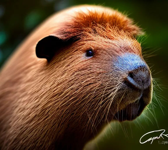 Image similar to a portrait of capybara with a mushroom cap growing on its head by luis royo. intricate. lifelike. soft light. sony a 7 r iv 5 5 mm. cinematic post - processing