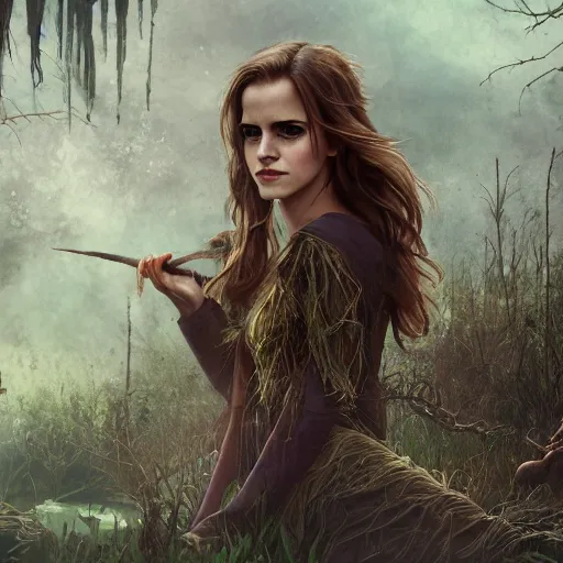 Image similar to emma watson as a swamp witch, digital art, trending on art station, swamp background, illustration, character illustration, 4 k, hyper detailed, by jason chan