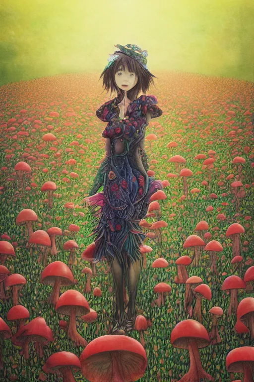 Prompt: yuuka kazami woman standing in a mushroom field, detailed upper body, beautiful face, detailed eyes, by yoshitaka amano, trending on artstation, psychedelic, lsd