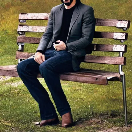 Image similar to GQ picture of Keanu Reeves sitting on a bench looking sad -35 mm - Calvin Klein Jacket ($599) Seven for all mankind jeans ($225)