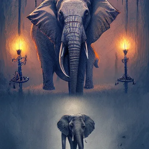 Image similar to Mystical elephant reading tarot cards, detailed, digital art, intricate, concept art, Greg Rutkowski, epic, fantasy