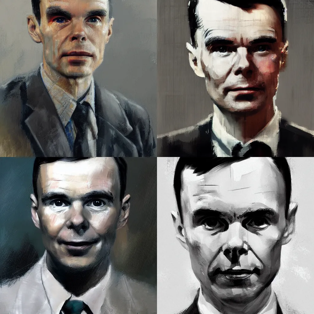 Image similar to A realistic hyperdetailed digital oil portrait painting of Alan Turing in the style of Guy Denning, Ruan Jia, and Craig Mullins. Trending on ArtStation, DeviantArt, and Instagram. CGSociety Digital art.