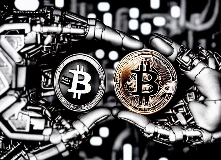 Image similar to mechanical terminator hand holding a bitcoin between two fingers. centered. horror cyberpunk dystopia style. highly detailed 8 k. intricate. nikon d 8 5 0 3 5 mm. award winning photography.